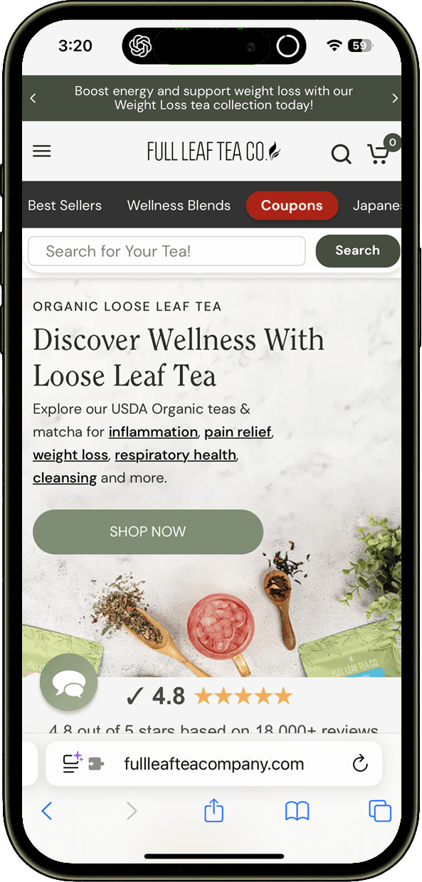 Screenshot of Full Leaf Tea Company website