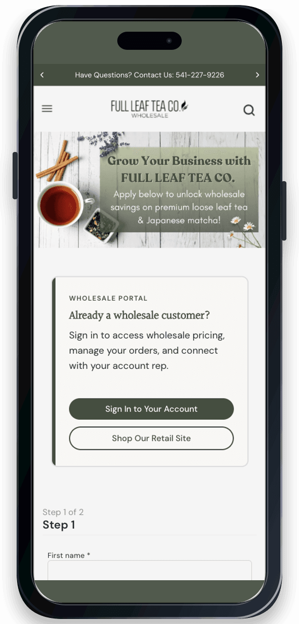 Screenshot of Full Leaf Tea Company Wholesale website