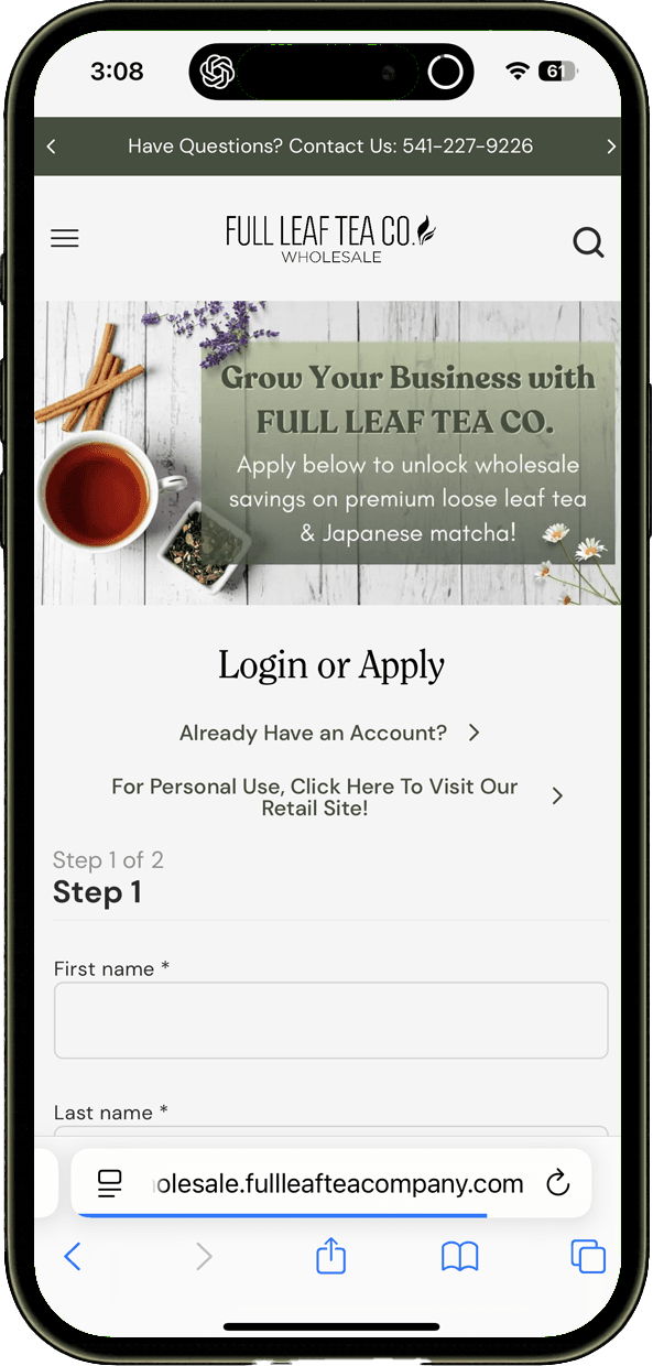 Screenshot of Full Leaf Tea Company Wholesale website